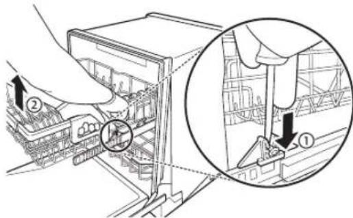 Technical diagram showing mechanical assembly steps with labeled components and magnified detail view