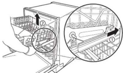 Technical diagram showing a hand operating a birdhouse with labeled parts and magnified views of the interior structure.