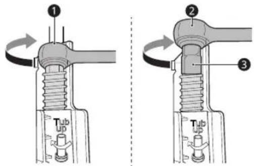 Technical diagram showing mechanical assembly steps with labeled parts and directional arrows indicating rotation or movement.
