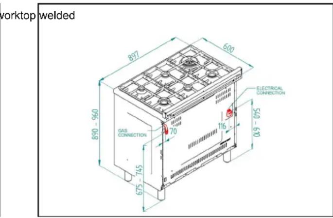 worktop welded 897 600 890 - 960 GAS CONNECTION 70 16 540 - 670 675 - 745 ELECTRICAL CONNECTION