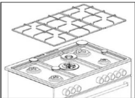 Line drawing of a gas stove with a grid-patterned roof and internal stove (no text or symbols)
