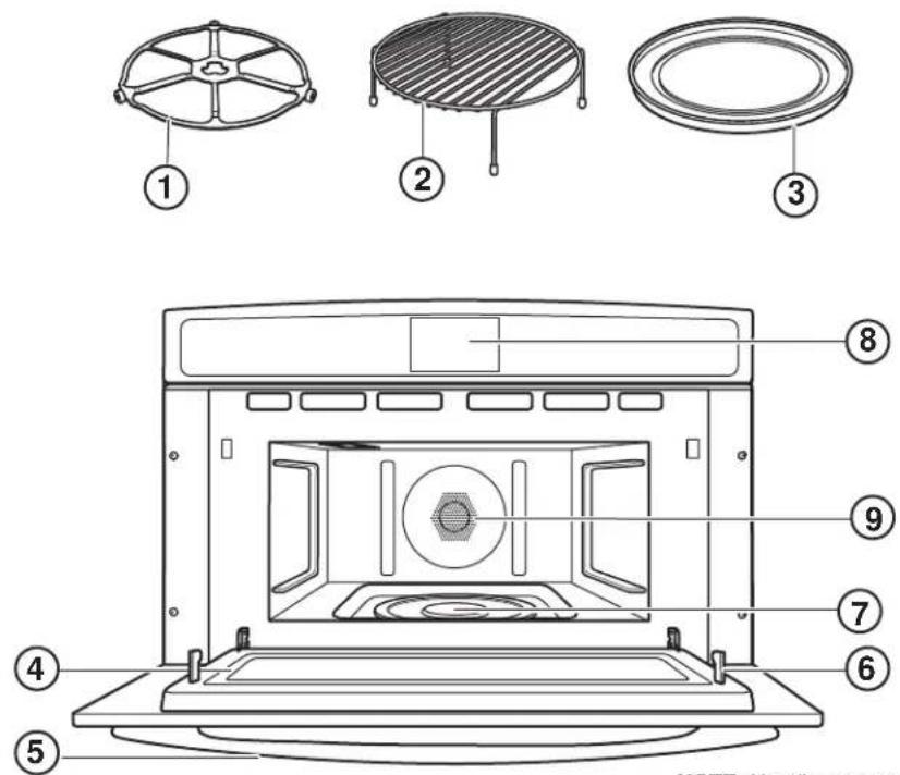 Technical diagram of an oven with labeled components and internal structure, including fan, lid, and tray parts.