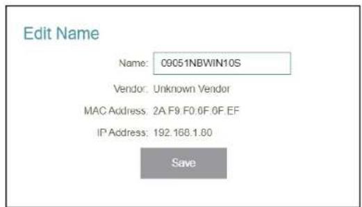 Edit Name Name: 09051NBWIN10S Vendor: Unknown Vendor MAC Address: 2A F9 F0.0F 0F EF IP Address: 192.168.1.80 Save