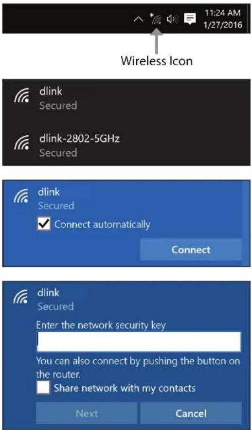 11:24 AM 1/27/2016 Wireless Icon dlink Secured dlink-2802-5GHz Secured dlink Secured Connect automatically Connect dlink Secured Enter the network security key You can also connect by pushing the button on the router. Share network with my contacts Next Cancel