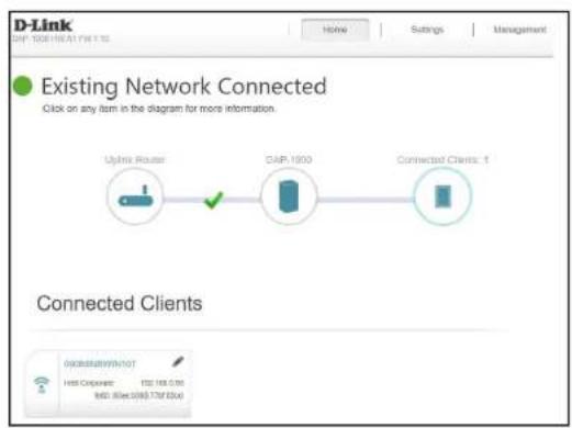 D-Link DIP: 1000/HEA1/FW1.12 Home Settings Management Existing Network Connected Click on any item in the diagram for more information. Uplink Router ✓ DAP 1000 Connected Clients: 1 Connected Clients OKStatus/NOT Host Corporate: FTE 165.00 MID: 800x1000.734.000
