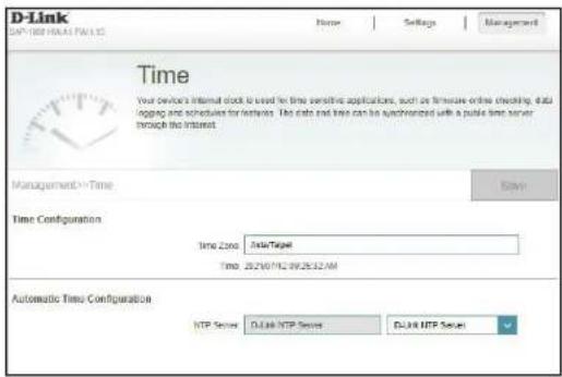 D-Link DIP (DB) YEAR NAME Time Settings Management Time Your Device's internal clock is used to time sensitive applications, such as firmware online checking, data logging and schedules for lectures. The data and time can be acquainted with a pulse time server through the internet. Management->Time Save Time Configuration Time Zoo: DataTime Time: 25/26/71/20:26:32/M Automatic Time Configuration HTTP Server: D-Link HTTP Server: D-Link HTTP Server