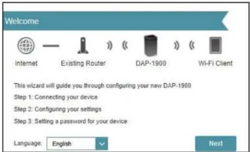 Welcome Internet Existing Router DAP-1900 Wi-Fi Client This wizard will guide you through configuring your new DAP-1900 Step 1: Connecting your device Step 2: Configuring your settings Step 3: Setting a password for your device Language: English Next