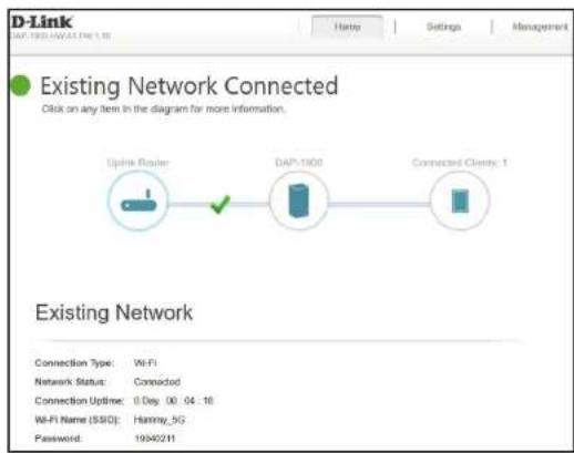 D-Link DAP-1900 Hamp Settings Management Existing Network Connected Click on any item in the diagram for more information. Uplink Router DAP-1900 Connected Clients: 1 Existing Network Connection Type: Wi-Fi Network Status: Connected Connection Uptime: 0 Deg. 00 04 - 16 Wi-Fi Name (55ID): Hammy_5G Password: 19940211