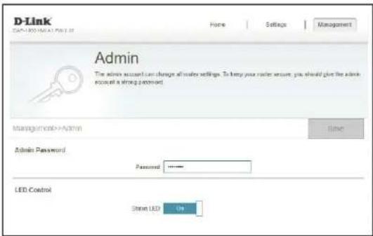 D-Link D-Link > Admin Admin The admin account can change all modes settings. To keep your mode ensure, you should give the admin account as strong password. Management>Admin Admin Password Password LED Control Sham LED On