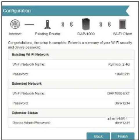 Configuration Internet Existing Router DAP-1900 Wi-Fi Client Congratulations, the setup is complete. Below is a summary of your Wi-Fi security and device password. Existing Wi-Fi Network Wi-Fi Network Name: Kymyoo_2.4G Password: 19940211 Extended Network Wi-Fi Network Name: DAP1900-EXT Password: Dlink1234 Extender Status Device Admin Password: admin4k854 dink1234 Back Finish