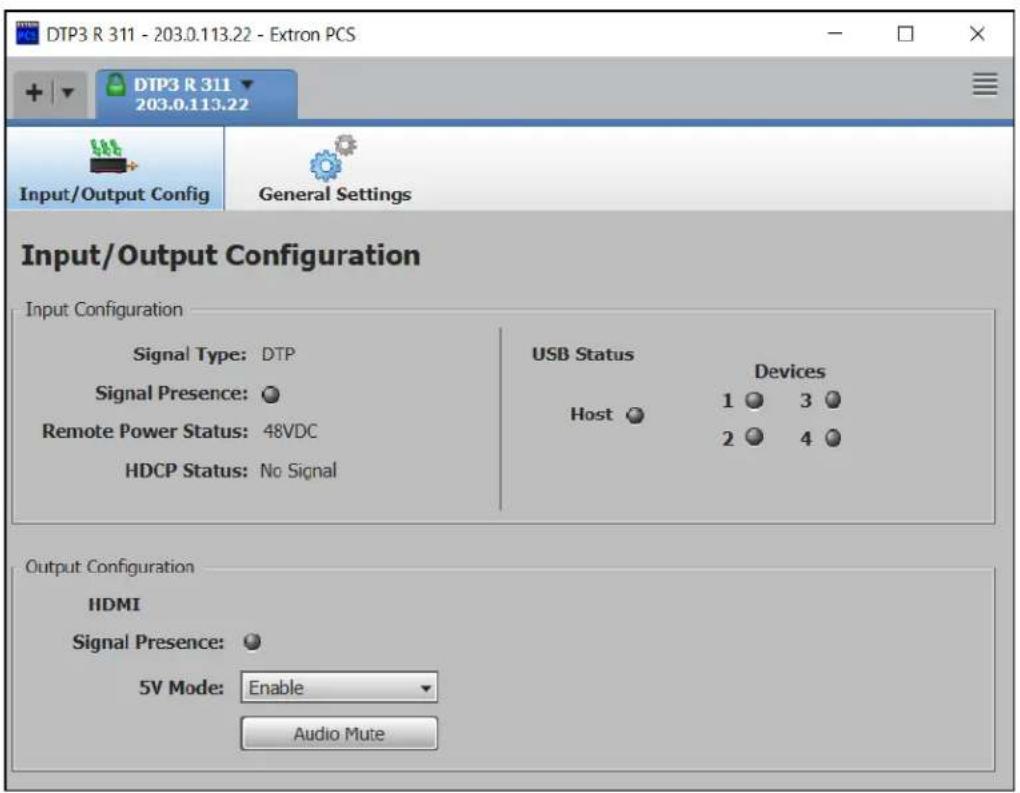 DTP3 R 311 - 203.0.113.22 - Extron PCS DTP3 R 311 203.0.113.22 Input/Output Config General Settings Input/Output Configuration Input Configuration Signal Type: DTP Signal Presence: Remote Power Status: 48VDC HDCP Status: No Signal USB Status Devices Host 1 3 2 4 Output Configuration HDMI Signal Presence: 5V Mode: Enable Audio Mute