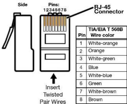 Side Pins: 12345678 RJ-45 Connector Insert Twisted Pair Wires Pin TIA/EIA T 568B Wire color 1 White-orange 2 Orange 3 White-green 4 Blue 5 White-blue 6 Green 7 White-brown 8 Brown