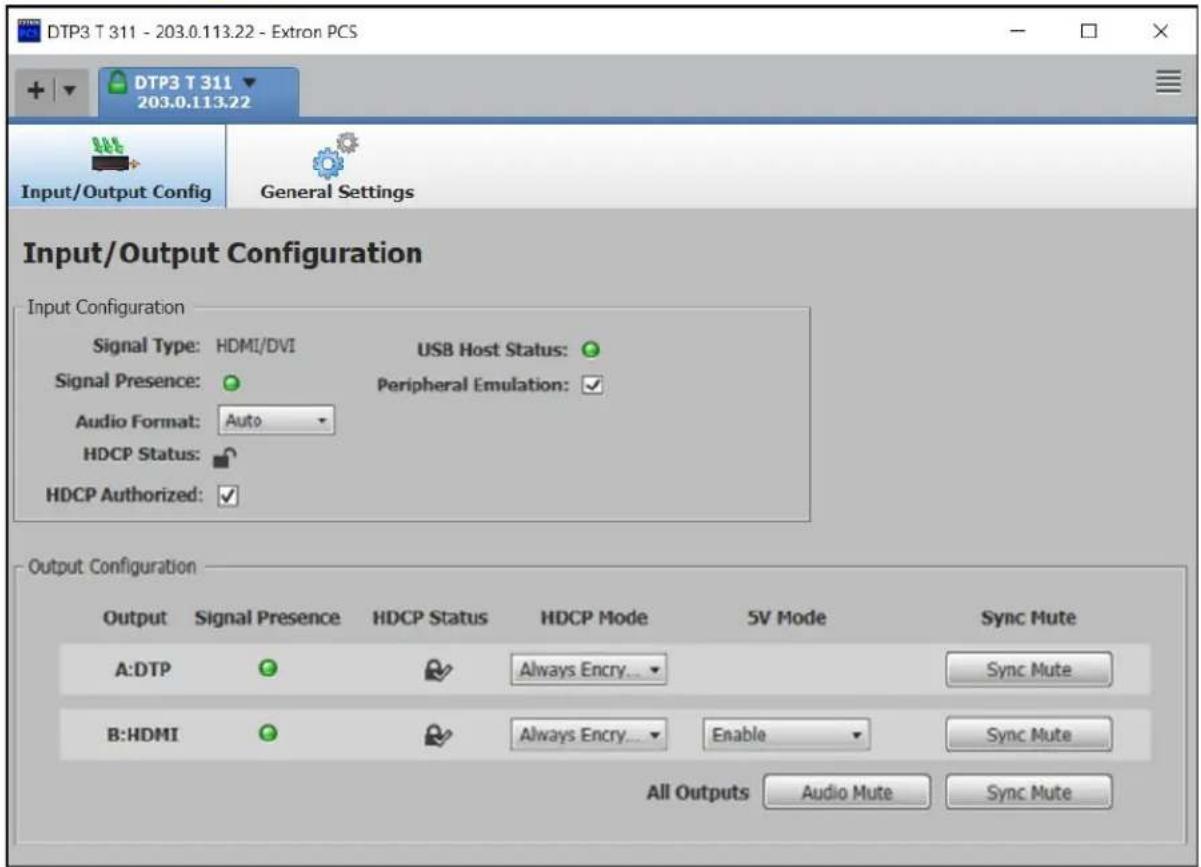 DTP3 T 311 - 203.0.113.22 - Extron PCS DTP3 T 311 203.0.113.22 Input/Output Config General Settings Input/Output Configuration Input Configuration Signal Type: HDMI/DVI Signal Presence: Audio Format: Auto HDCP Status: HDCP Authorized: USB Host Status: Peripheral Emulation: Output Configuration Output Signal Presence HDCP Status HDCP Mode 5V Mode Sync Mute A:DTP Always Encry... B:HDMI Always Encry... Enable Sync Mute All Outputs Audio Mute Sync Mute