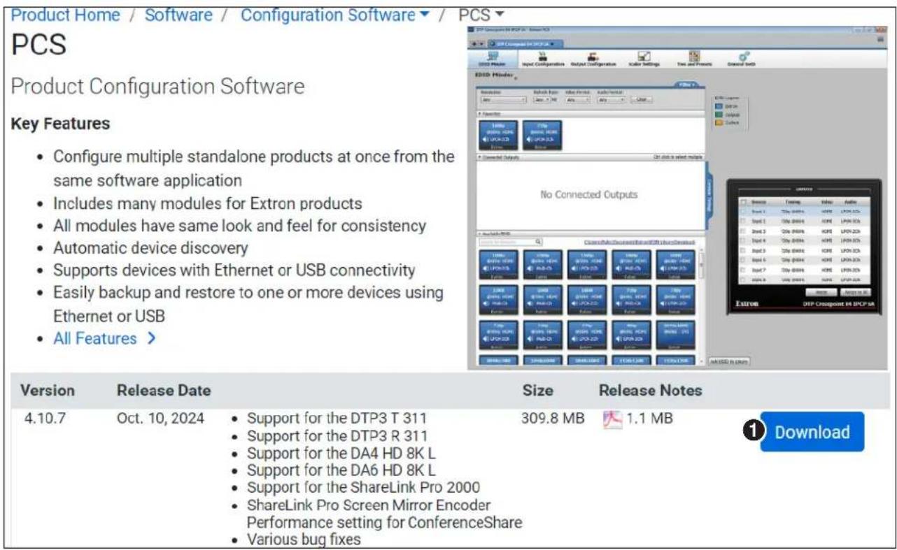 Product Home / Software / Configuration Software ▼ / PCS ▼ PCS Product Configuration Software Key Features • Configure multiple standalone products at once from the same software application • Includes many modules for Extron products • All modules have same look and feel for consistency • Automatic device discovery • Supports devices with Ethernet or USB connectivity • Easily backup and restore to one or more devices using Ethernet or USB • All Features > Version Release Date Size Release Notes 4.10.7 Oct. 10, 2024 • Support for the DTP3 T 311 • Support for the DTP3 R 311 • Support for the DA4 HD 8K L • Support for the DA6 HD 8K L • Support for the ShareLink Pro 2000 • ShareLink Pro Screen Mirror Encoder Performance setting for ConferenceShare • Various bug fixes 309.8 MB 1.1 MB ① Download