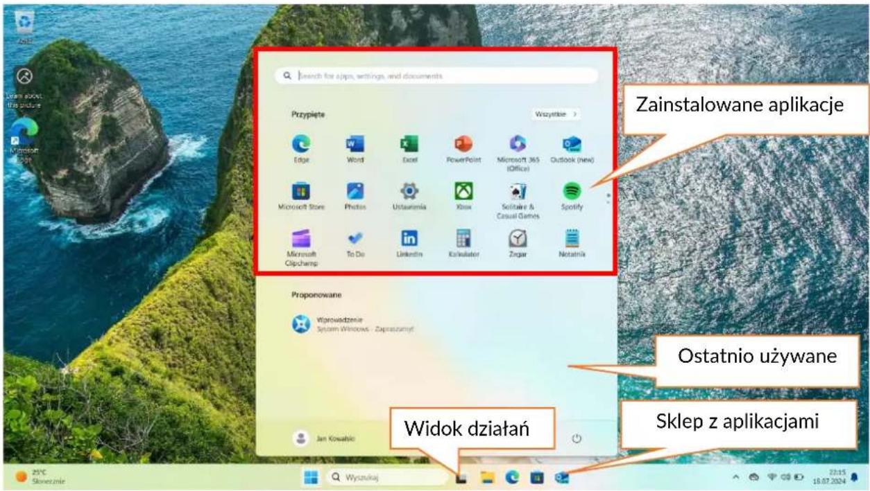 Zainstalowane aplikacje Przypięte Wyszynkie > Edge Word Excel PowerPoint Microsoft 365 (Office) Outlook (new) Microsoft Store Photos Ustawnienia Xbox Softlake & Casual Games Spotify Microsoft Clipchamp To Do Linkentin Kośnikator Zegar Notatnik Proponowane Wjorudzenie System Windows - Zapraszamiy! Jan Kowalsko Ostatnio używane Sklep z aplikacjami Widok działań 25°C Skłoszinie Wyszynkie 2015 10.07.2024