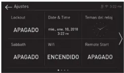 Ajustes Lockout Date & Time Temas del reloj APAGADO mie.. ene. 10, 2018 3-22 PM Sabbath Wifi Remote Start APAGADO ENCENDIDO APAGADO