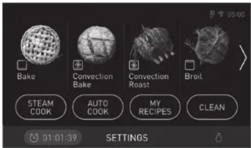 Bake Convection Bake Convection Roast Broil STEAM COOK AUTO COOK MY RECIPES CLEAN 01:01:39 SETTINGS