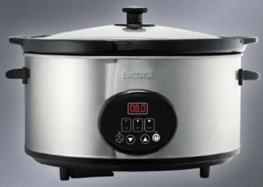 Exterior view of a stainless steel baking rice cooker with digital display and control buttons (no visible text or symbols)