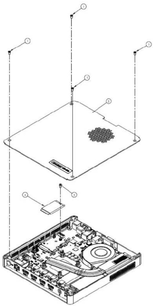 Technical diagram showing exploded view of a computer motherboard with labeled components and internal components