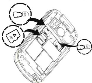 Diagram of a mobile phone rear panel with labeled components and directional arrows indicating movement or flow.