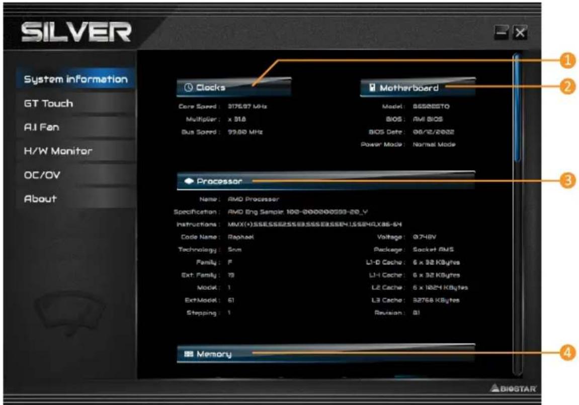 SILVER System information GT Touch AI Fan H/W Monitor OC/OV About Clocks Core Speed: 3176.97 MHz Multiplier: x 318 Bus Speed: 99.60 MHz Processor Name: AMD Processor Specification: AMD Eng Sample 100-000000000-20_Y Instructions: MMX(+).SSE.SSE255E555E555E555Y1.5584X86-64 Code Name: Raphael Technology: Snn Family: F Ext: Family: 79 Model: 1 Ext:Model: 61 Stepping: 1 Battery: 0.748V Package: Socket RMS L1-D Cache: 6 x 92 KBytes L1-H Cache: 6 x 92 KBytes L2 Cache: 6 x 1024 KBytes L3 Cache: 32768 KBytes Revision: 01 Memory ① ② ③ ④ BIOSTAR