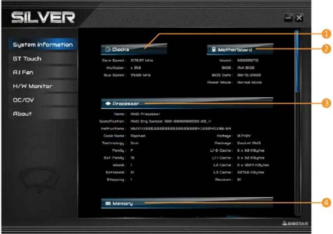 SILVER System information GT Touch AI Fan H/W Monitor OC/OV About Clocks Core Speed: 3176.97 MHz Multiplier: x 318 Bus Speed: 99.80 MHz Motherboard Model: 85526STQ BIOS: AMI BIOS BIOS Date: 08/12/2022 Power Mode: Normal Mode Processor Name: AMD Processor Specification: AMD Eng Sample 100-000000000-20_Y Instructions: MMX(+).SSESSS2SSS2.SSESSSSE4.LSSE4A.X86-64 Code Name: Raphael Voltage: 0.748V Technology: Smm Package: Socket RAMS Family: F L1-D Cache: 6 x 92 KBytes Ext. Family: 79 L1-H Cache: 6 x 92 KBytes Model: 1 L2 Cache: 6 x 1024 KBytes Ext.Model: 61 L3 Cache: 32768 KBytes Stepping: 1 Revision: 01 Memory ▲ BIOSTAR
