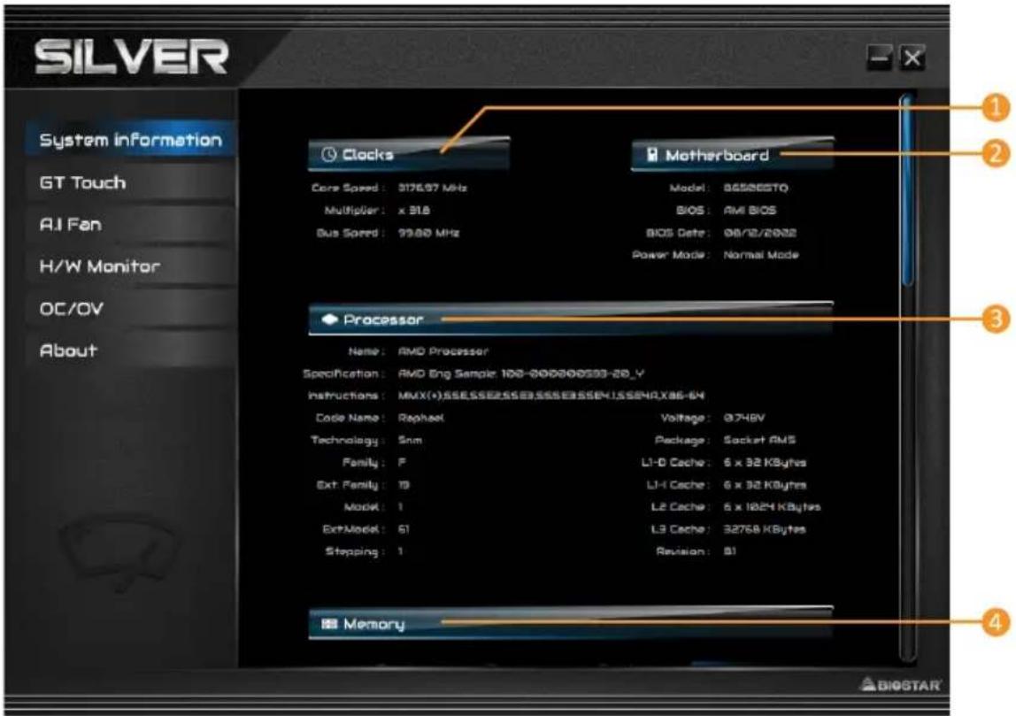 SILVER System information GT Touch AI Fan H/W Monitor OC/OV About Clocks Core Speed: 3176.97 MHz Multiplier: x 318 Bus Speed: 99.00 MHz Motherboard Model: 85520STQ BIOS: AMI BIOS BIOS Date: 08/12/2022 Power Mode: Normal Mode Processor Name: AMD Processor Specification: AMD Eng Sample 102-000000533-20_Y Instructions: MAX(+)55E55E25E35E35E35E41,55E4X86-64 Code Name: Raphael Technology: Snm Family: F Ext. Family: 19 Model: 1 Ext+Model: 51 Stepping: 1 Voltage: 0.746V Package: Socket RMS L1-D Cache: 6 x 32 KBytes L1-H Cache: 6 x 32 KBytes L2 Cache: 6 x 1824 KBytes L3 Cache: 32768 KBytes Revision: 81 Memory BIOSTAR