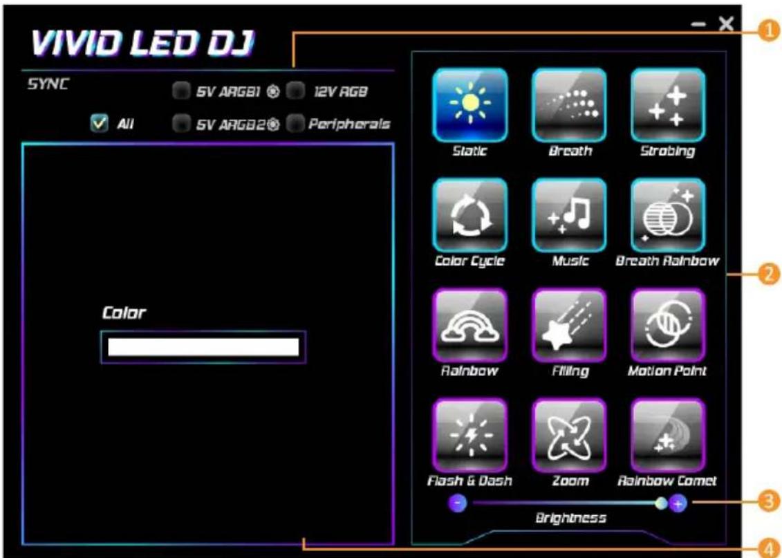 VIVID LED DJ SYNC 5V ARGB1 12V AGB All 5V ARGB2 Peripherals Color Static Breath Strobing Color Cycle Music Breath Rainbow Rainbow Filling Motion Point Flash & Dash Zoom Rainbow Comet Brightness