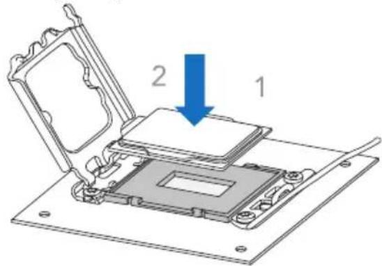 Technical diagram showing a device with labeled components and a blue arrow indicating direction, likely illustrating a process or assembly.