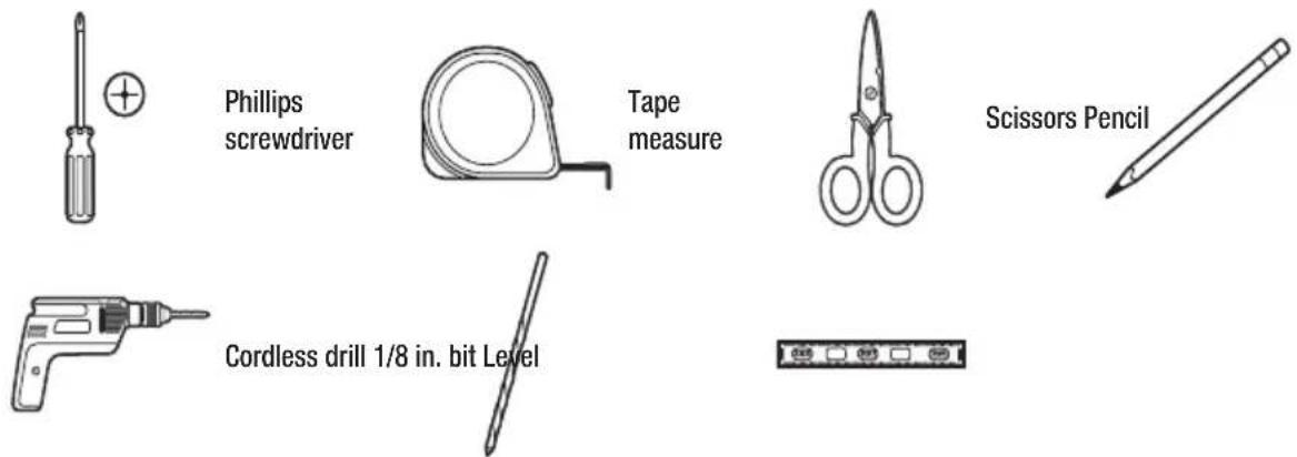 Phillips screwdriver Tape measure Scissors Pencil Cordless drill 1/8 in. bit Level