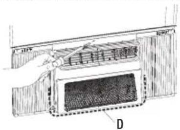 Technical diagram showing a hand using a tool to adjust or install a component, labeled with 'D' and part numbers.