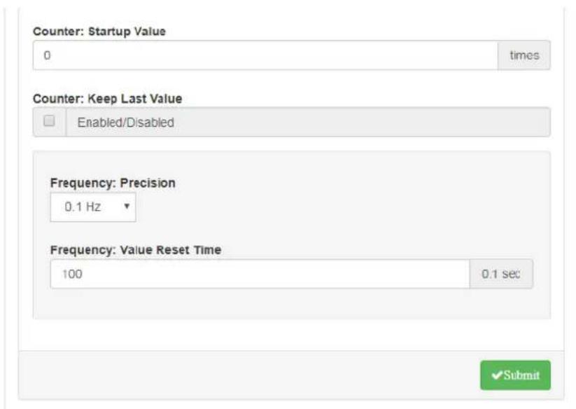 Counter: Startup Value 0 times Counter: Keep Last Value Enabled/Disabled Frequency: Precision 0.1 Hz Frequency: Value Reset Time 100 0.1 sec ✓Submit