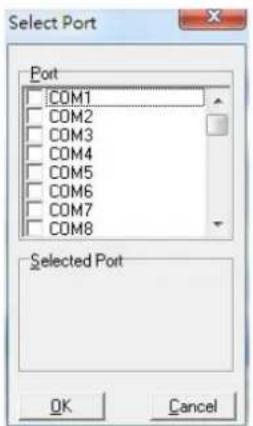 Select Port Port COM1 COM2 COM3 COM4 COM5 COM6 COM7 COM8 Selected Port OK Cancel