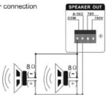 connection SPEAKER OUT 4-16Ω COM 70V 100V + 8Ω (-) + 8Ω (-) +