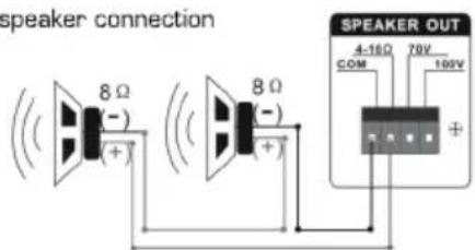 speaker connection 8 Ω - (+) (+) 8 Ω - (+) (+) SPEAKER OUT 4-16Ω 70V COM 100V +