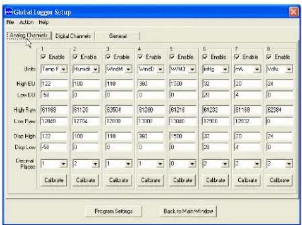 Global Logger Setup File Action Help Analog Channels Digital Channels General Units 1 Enable 2 Enable 3 Enable 4 Enable 5 Enable 6 Enable 7 Enable 8 Enable Temp F Humid WindM WindD V/M3 Jinkg mA Volta High EU 122 100 110 960 1500 92 20 24 Low EU 58 0 0 0 0 28 4 0 High Low 61168 61120 63504 61280 61216 61232 61168 62384 Low Low 12848 12764 12800 13008 13080 12950 12832 0 Deep High 122 100 110 960 1500 92 20 24 Deep Low -58 0 0 0 0 28 4 0 Decimal Places 1 2 1 1 0 2 2 2 Calibrate Calibrate Calibrate Calibrate Calibrate Calibrate Calibrate Calibrate Program Settings Back to Main Window
