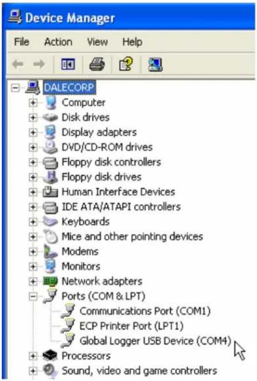 Device Manager File Action View Help DALECORP +Computer +Disk drives +Display adapters +DVD/CD-ROM drives +Floppy disk controllers +Floppy disk drives +Human Interface Devices +IDE ATA/ATAPI controllers +Keyboards +Mice and other pointing devices +Modems +Monitors +Network adapters -Ports (COM & LPT) Communications Port (COM1) ECP Printer Port (LPT1) Global Logger USB Device (COM4) +Processors +Sound, video and game controllers