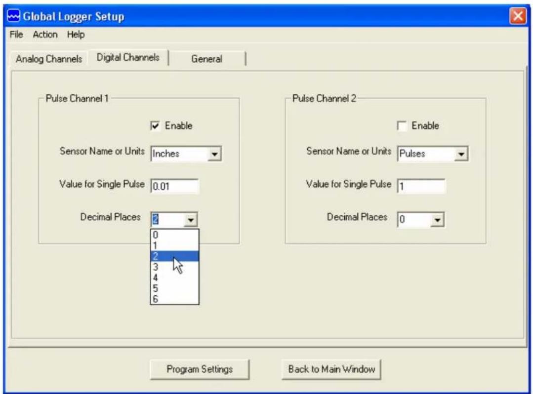 Global Logger Setup File Action Help Analog Channels Digital Channels General Pulse Channel 1 Enable Sensor Name or Units Inches Value for Single Pulse 0.01 Decimal Places 2 0 1 2 3 4 5 6 Pulse Channel 2 Enable Sensor Name or Units Pulses Value for Single Pulse 1 Decimal Places 0 Program Settings Back to Main Window