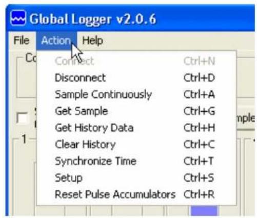 Global Logger v2.0.6 File Action Help Connect Ctrl+N Disconnect Ctrl+D Sample Continuously Ctrl+A Get Sample Ctrl+G Get History Data Ctrl+H Clear History Ctrl+C Synchronize Time Ctrl+T Setup Ctrl+S Reset Pulse Accumulators Ctrl+R