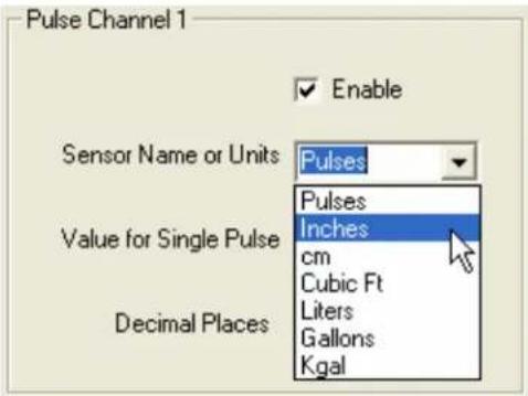 Pulse Channel 1 Enable Sensor Name or Units Pulses Value for Single Pulse Inches cm Cubic Ft Liters Gallons Kgal Decimal Places