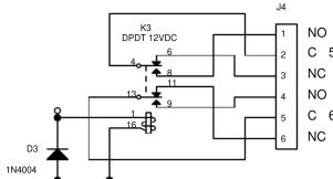 K3 DPDT 12VDC J4 1 NO 2 C 5 3 NC 4 NO 5 C 6 6 NC 13 11 9 1 16 14 D3 1N4004
