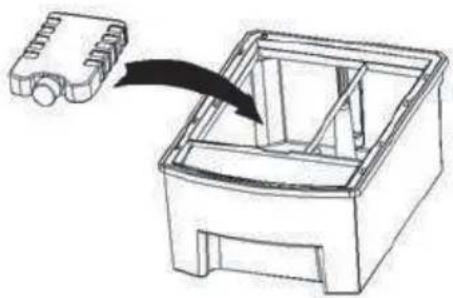 Diagram showing a device being inserted into a plastic housing (no text or symbols present)