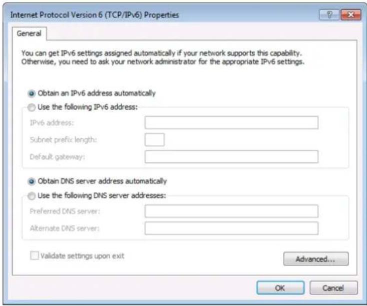 Internet Protocol Version 6 (TCP/IPv6) Properties General You can get IPv6 settings assigned automatically if your network supports this capability. Otherwise, you need to ask your network administrator for the appropriate IPv6 settings. Obtain an IPv6 address automatically Use the following IPv6 address: IPv6 address: Subnet prefix length: Default gateway: Obtain DNS server address automatically Use the following DNS server addresses: Preferred DNS server: Alternate DNS server: Validate settings upon exit Advanced... OK Cancel