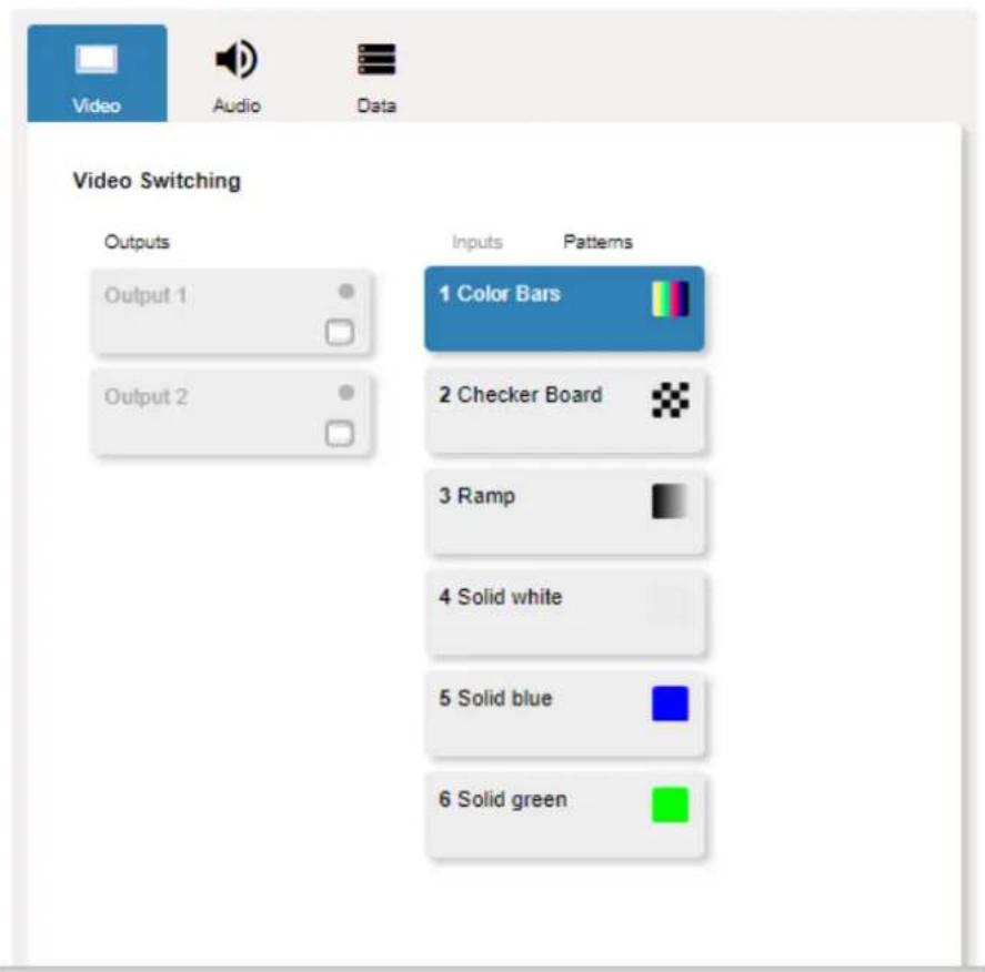 Video Switching Outputs Output 1 Output 2 Inputs 1 Color Bars 2 Checker Board 3 Ramp 4 Solid white 5 Solid blue 6 Solid green