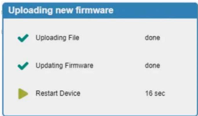 Uploading new firmware ✓ Uploading File done ✓ Updating Firmware done ▶ Restart Device 16 sec