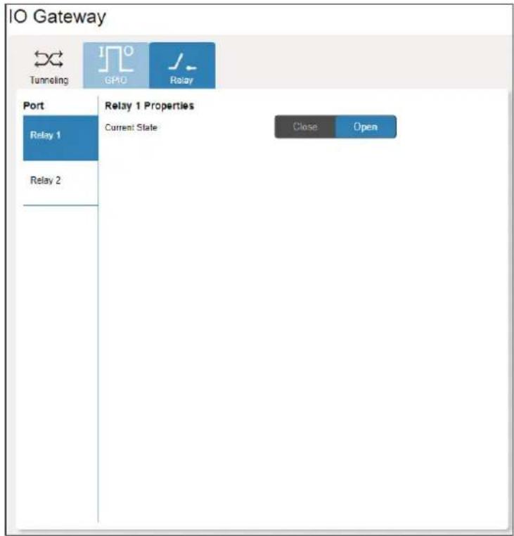 IO Gateway Tunneling GPIO Relay Port Relay 1 Relay 2 Relay 1 Properties Current State Close Open