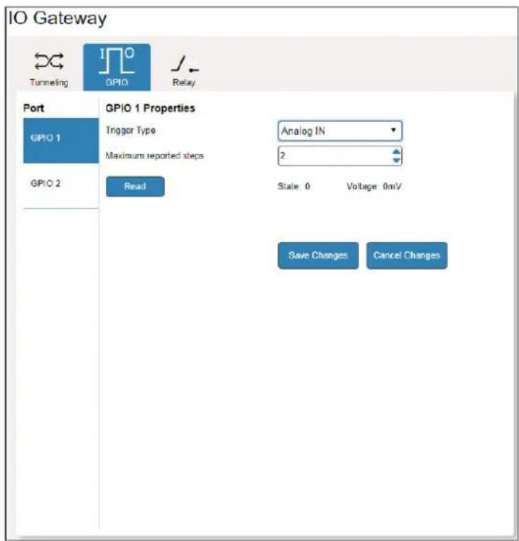 IO Gateway Tunneling GPIO Relay Port GPIO 1 GPIO 2 GPIO 1 Properties Trigger Type Analog IN Maximum reported steps 2 Read State 0 Voltage 0mV Save Changes Cancel Changes