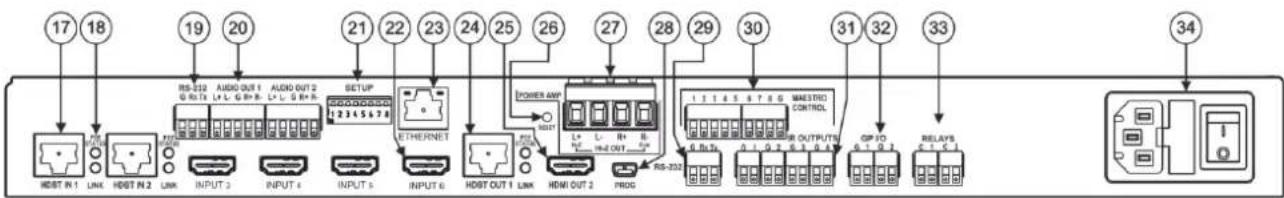 17 18 19 20 21 22 23 24 25 26 27 28 29 30 31 32 33 34 HDT N 1 LINK HDT N 2 LINK INPUT 3 INPUT 4 INPUT 5 INPUT 6 HDT OUT 1 LINK HDMI OUT 2 PROG RS-232 RS-232 AUDIO OUT 1 AUDIO OUT 2 SETUP ETHERNET POWER AMP POWER AMP 1 1 6 7 8 9 MAESTRO CONTROL 0.1 0.2 0.3 0.4 OP 10 0.1 0.2 0.3 0.4 OP 10 0.1 0.2 0.3 0.4 OP 10 0.1 0.2 0.3 0.4 OP 10 0.1 0.2 0.3 0.4 OP 10 0.1 0.2 0.3 0.4 OP 1 0.1 0.2 0.3 0.4 OP 1 0.1 0.2 0.3 0.4 OP 1 0.1 0.2 0.3 0.4 OP 1 0.1 0.2 0.3 0.4 OP 1 0.1 0.2 0.3 0.4 OP 1 0.1 0.1 0.1 0.1 0.1 0.1 0.1 0.1 0.1 0.1 0.1 0.1 0.1 0.1 0.1 0.1 0.1 0.1 0.1 0.1 0.1 0.1 0.1 0.1 0.1 0 1 2 3 4