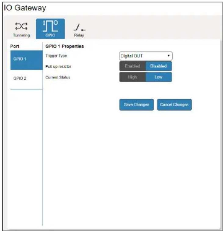 IO Gateway Tunneling GPIO Relay Port GPIO 1 GPIO 2 GPIO 1 Properties Trigger Type Digital OUT Pull-up resistor Enabled Disabled Current Status High Low Save Changes Cancel Changes