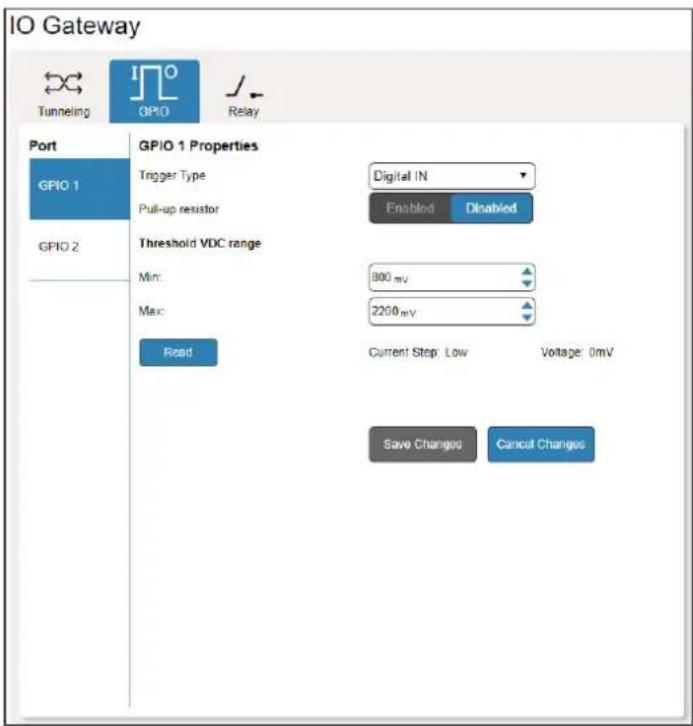 IO Gateway Tunneling GPIO Relay Port GPIO 1 Properties Trigger Type Digital IN Pull-up resistor Enabled Disabled Threshold VDC range Min: 800 mV Max: 2200 mV Read Current Step Low Voltage: 0mV Save Changes Cancel Changes